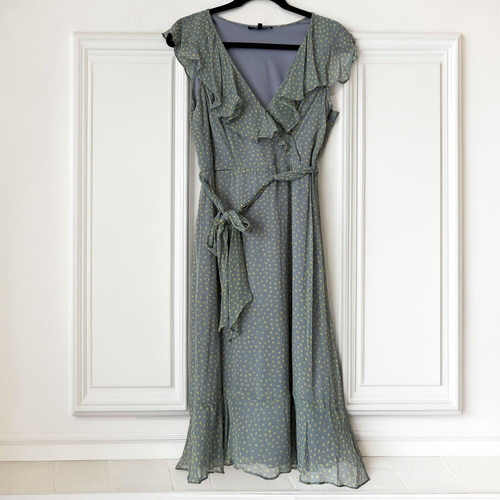 Vintage Betsey Johnson 100% Silk Polka Dot Ruffle Wrap Midi Dress Size 8 USA